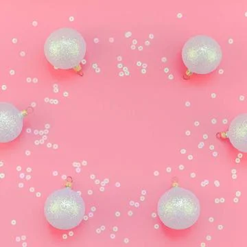 Christmas pink flat lay pattern with pearl balls New Year Christmas patter... Stock Photos