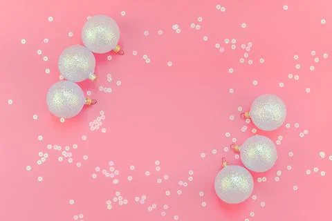 Christmas pink flat lay pattern with pearl balls Stock Photos