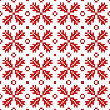 Christmas pixel abstract seamless pattern. Red snowflakes and new year trees Stock Illustration