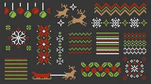Christmas Pixel Art Pattern With Retro Holiday Elements Vector Set 스톡 일러스트