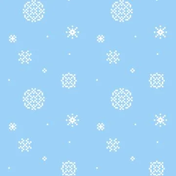 Christmas pixel art seamless pattern with snowflakes. Falling snow endless Stock Illustration