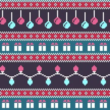 Christmas Pixel Knit Pattern With Hanging Ornaments And Gift Boxes Vector 스톡 일러스트