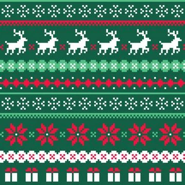 Christmas Pixel Knit Sweater Pattern With Reindeer Poinsettia And Gifts Vec.. Illustrazione stock
