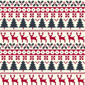 Christmas Pixel Knit Sweater Pattern With Reindeer And Fir Trees Vector Bac.. Stock Illustration