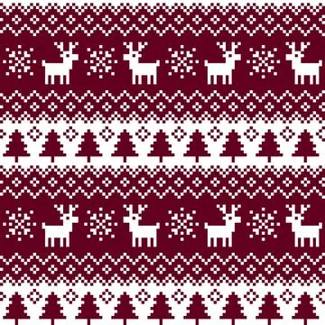 Christmas Pixel Knit Sweater Pattern With Reindeer And Snowflakes Vector Ba.. Stock Illustration