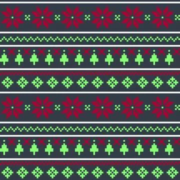Christmas Pixel Knit Sweater Pattern With Poinsettia And Fir Trees Vector B.. 스톡 일러스트