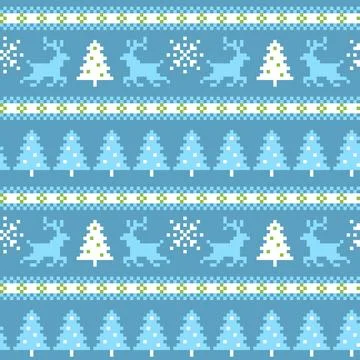 Christmas Pixel Knit Sweater Pattern With Reindeer And Snowflakes Vector Ba.. Stock Illustration