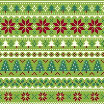 Christmas Pixel Knit Sweater Pattern With Fir Trees And Poinsettia Vector B.. イラスト素材