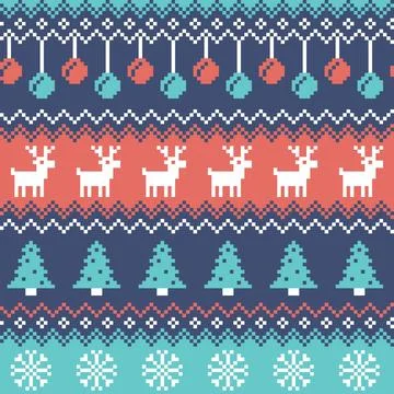 Christmas Pixel Knit Sweater Pattern With Reindeer Trees And Snowflakes Vec.. Illustrazione stock