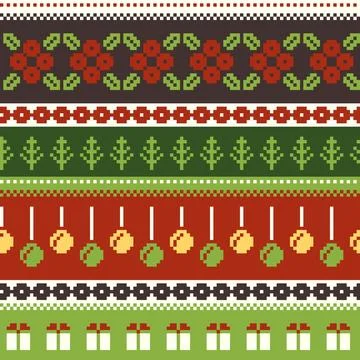 Christmas Pixel Knit Sweater Pattern With Ornaments And Presents Vector Bac.. Stockillustratie