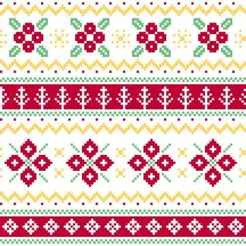 Christmas Pixel Knit Sweater Pattern With Folk Floral Ornament Vector Backg.. イラスト素材