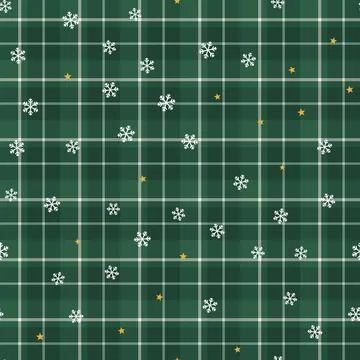 Christmas plaid seamless pattern with white snowflakes and golden stars on dark Stock Illustration
