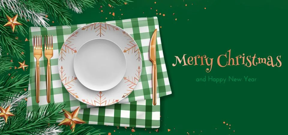 Christmas plate setting with festive tableware Stock Illustration