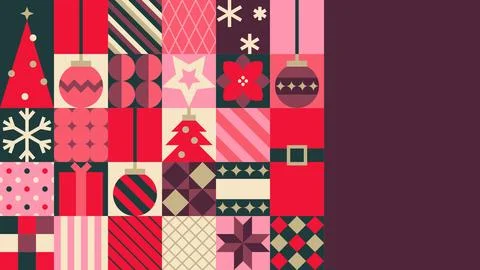 Christmas Plum Geometric Patchwork Tree Baubles Poinsettia Copy Space Stock Illustration