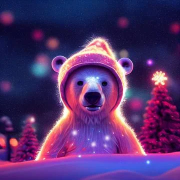 Christmas polar bear in the winter landscape. Polar bear santa. Magical chris Stock Illustration