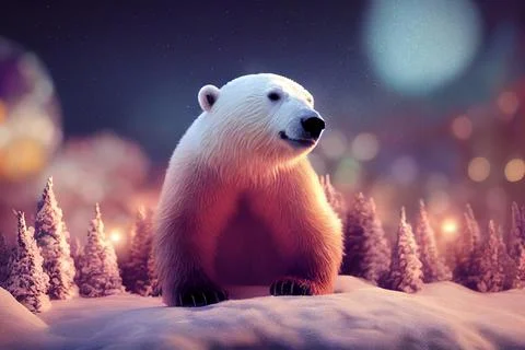 Christmas polar bear in the winter landscape. Polar bear santa. Magical chris Stock Illustration