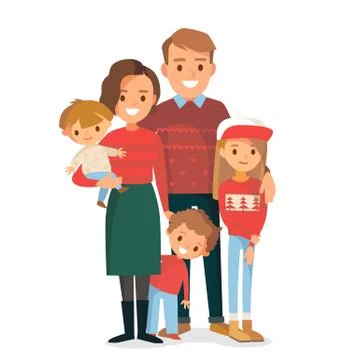 Christmas portrait of big happy family standing together in festive outfit. Stock Illustration