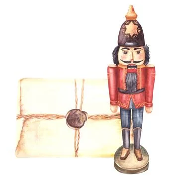 Christmas post. Nutcracker with old letter Festive vintage Xmas gift clipart Illustrazione stock
