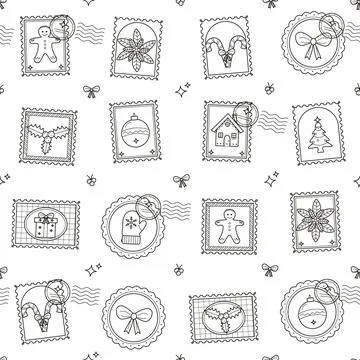 Christmas postage stamp seamless pattern Stock Illustration