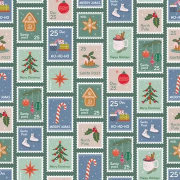 Christmas postage stamps seamless pattern. Cute vintage Xmas background. Stock Illustration