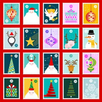 Christmas postage stamps vector set Stock Illustration