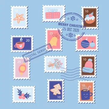 Christmas postage stamps with xmas elements - gift box, gingerbread, cup and Illustrazione stock