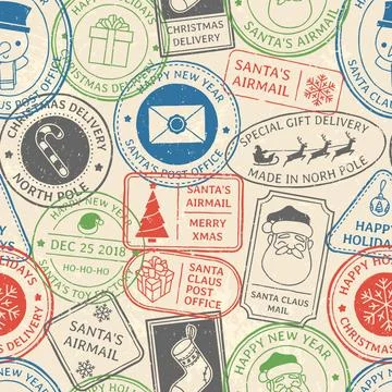 Christmas postal pattern. Santa Claus postmark cachet, winter holiday posta.. Stock Illustration
