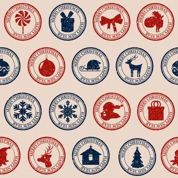 Christmas postal stamp seamless pattern old postage stamps Stock Illustration
