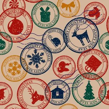 Christmas postal stamp seamless pattern old postage stamps Stock Illustration
