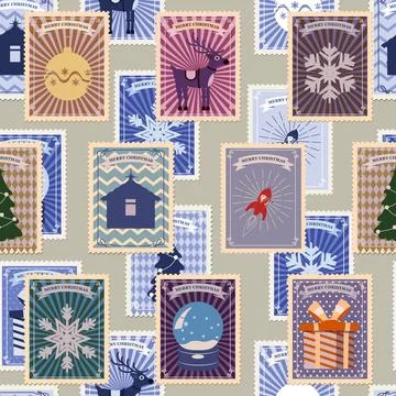 Christmas postal stamp seamless pattern old postage stamps Stock Illustration
