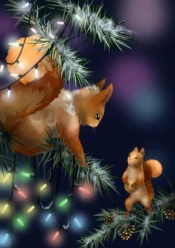 Christmas postcard. Funny squirrels under the Christmas tree. Stock Illustration