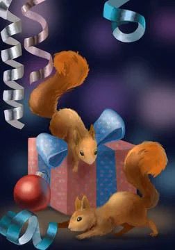 Christmas postcard. Funny squirrels under the Christmas tree. Stock Illustration