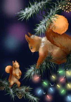 Christmas postcard. Funny squirrels under the Christmas tree. Stock Illustration