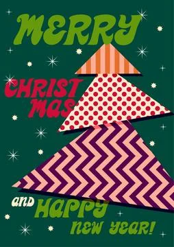 Christmas poster in retro style. Patchwork Christmas tree. Stock Illustration