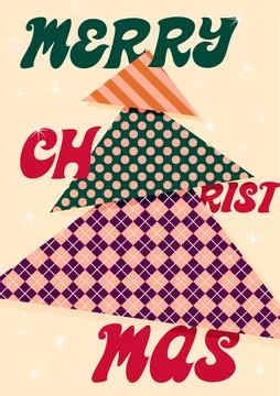 Christmas poster in retro style. Patchwork Christmas tree. Ilustración de archivo