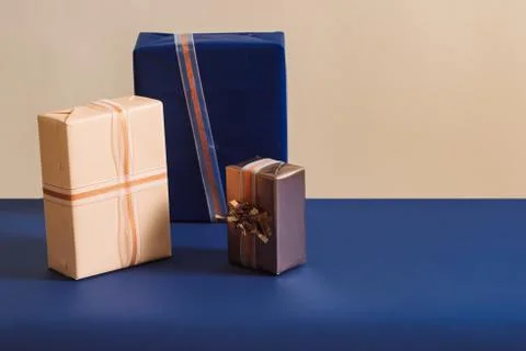 Christmas preparation concept. Stack of different colorful boxes. Stock Photos