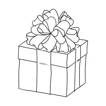 Christmas present box with ribbon and bow. Line vector illustration isolated Stock Illustration
