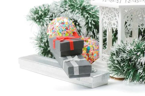 Christmas present boxes and lantern 写真素材