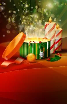 Christmas present boxes with candle | vector card illustration Stock Illustration