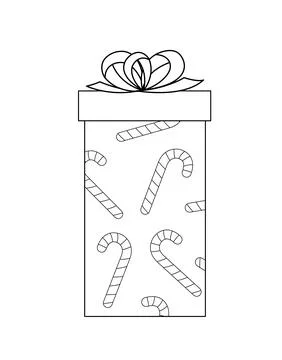 Christmas present with candy cane coloring page. Black and white gift. Vector Stock Illustration