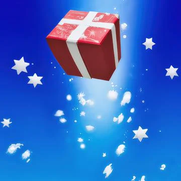 Christmas present falling from the sky with snowflakes and snow Stock Illustration