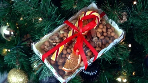 Christmas present on spruce branches, LED light. Nuts, caramel candy cane Stock Footage 211330357