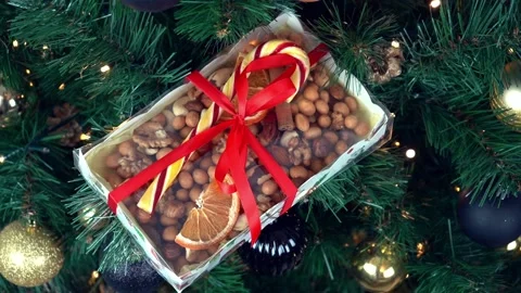 Christmas present on spruce branches, LED light. Nuts, caramel candy cane Stock Footage 220911822
