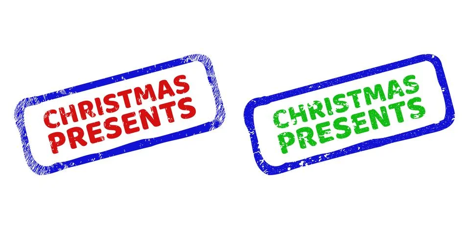 CHRISTMAS PRESENTS Bicolor Rough Rectangle Stamp Seals with Distress Styles Stock Illustration
