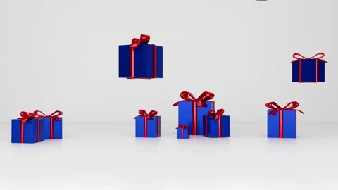 Christmas presents falling down on the white floor. 4K animation Stock Footage 341032008