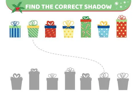 Christmas presents. Find the correct shadow. Shadow matching game. Gifts Stock Illustration