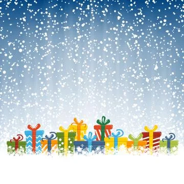 Christmas presents in front of snow fall Stock Illustration