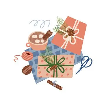 Christmas presents preparation process concept. Winter holiday surprises Stock Illustration