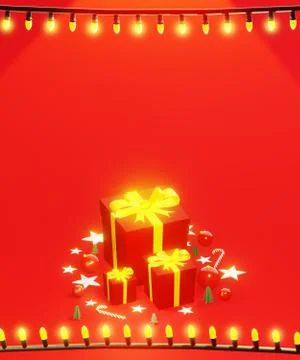 Christmas presents with string lights frame. Stock Illustration