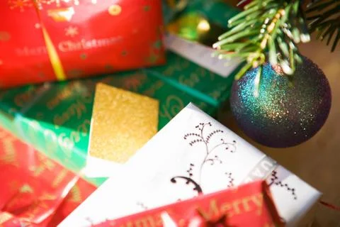 Christmas presents under tree Stock Photos